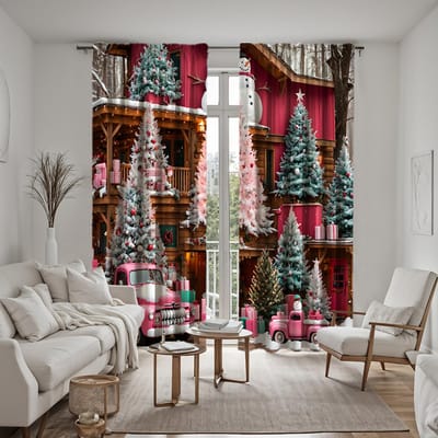 2 stuks set HD Kerst Sneeuwboom Roze vrachtwagen decoratief gordijn Rode stropdas digitaal bedrukt gordijn Huisdecoratie stijl Decoreren W52H63inchW132H160cm gray