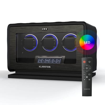 Klarstein LuminousTime horlogewinder voor 3 horloges – Automatische horlogewinder met fluisterstille Japanse motor, LCD-touchscreen en afstandsbediening, 20 toeren per dag-instellingen, RGB- en LED-verlichting, veganistisch leer