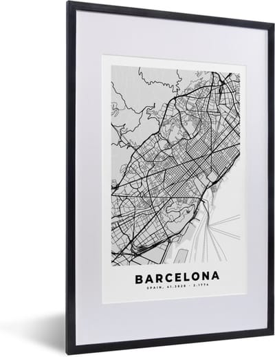 Fotolijst incl. Poster Zwart Wit- Barcelona - Stadskaart - Plattegrond - Zwart Wit - Kaart - 40x60 cm - Posterlijst
