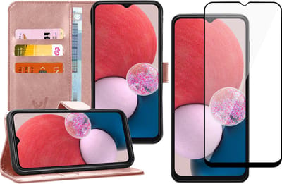 Hoesje geschikt voor Samsung Galaxy A13 4G - Book Case Kunstleer Wallet Cover Portemonnee Pasjeshouder Hoes Roségoud - Full Tempered Glass Screenprotector