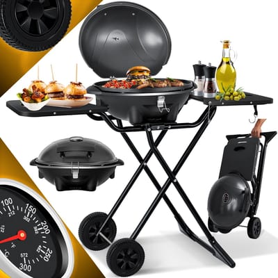 KESSER® Elektrische Barbecue 2in1 Tafelgrill 2400W - Staande Grill BBQ met deksel, Thermometer en Grillplaat - Tafelbarbecue Antiaanbaklaag met Opbergtafel en 2 wielen - Zwart