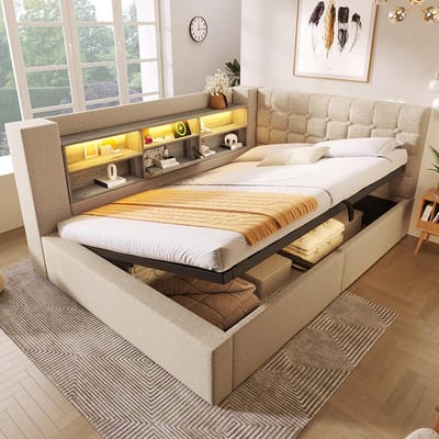 BLACKCOLORS Gestoffeerd bed 140x190 cm Tweepersoonsbed met ledverlichting, hydraulische opbergruimte, L-vormig hoofdeinde met opbergruimte, aan beide zijden te monteren, lattenbodem, linnen stof, beige (zonder matras)
