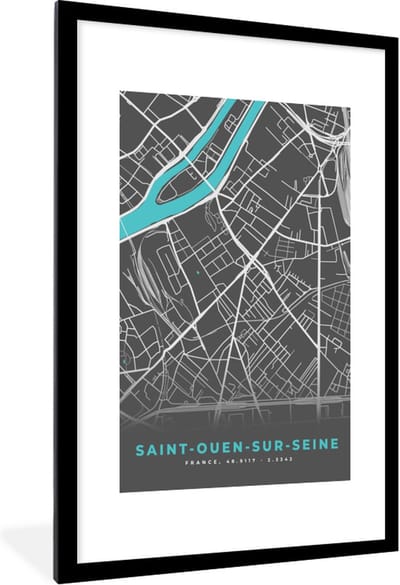 Fotolijst incl. Poster - Saint-Ouen-sur-Seine - Frankrijk - Plattegrond - Kaart - Stadskaart - 80x120 cm - Posterlijst