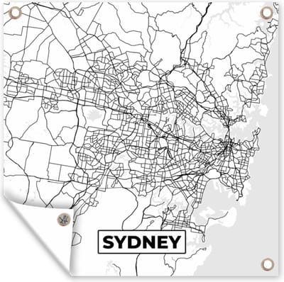 Tuin poster Kaart - Sydney - Stadskaart - Plattegrond - Zwart Wit - 200x200 cm - Tuindoek