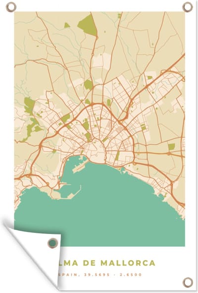 Muurdecoratie Kaart - Mallorca - Stadskaart - Vintage - Plattegrond - 120x180 cm - Tuinposter - Tuindoek
