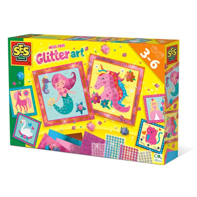 SES - Knoeivrije glitter kunst - 6 stickerkaarten met glimmend transferfolie, glitter stickers en glitter pompons