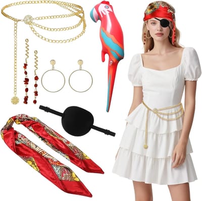 7-delig Piratenkostuum voor Dames met Hoofddoek, Ooglapje, Opblaasbare Papegaai en Sieraden Accessoires