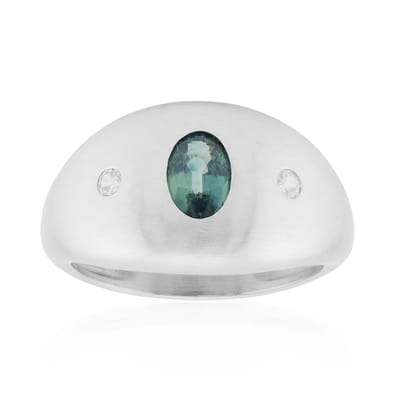 Cavill - Zilveren Ring Geplatineerd - Petrolkleurige Ovale Saffier 0 593ct & Cambodjaanse Zirkonen - 925 Sterling Zilver - Elegante Damesring