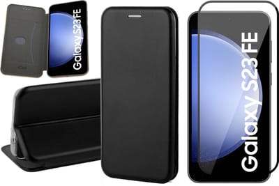 Hoesje geschikt voor Samsung Galaxy S23 FE - Screenprotector Volledig Dekkend Glas - Wallet Book Case Zwart