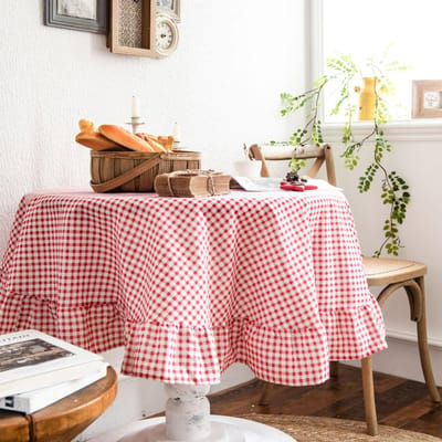 Rood geruite Tafelkleed met ruches en kwastjes, Ronde hoes, Boerderij schaakbord Gingham Vintage voor Koffie Thee, Eettafel Huis Tafeldecoratie 140cm  round