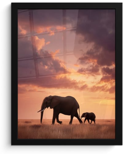 Poster in lijst - Fotolijst 30x40 cm - Posters - Olifanten - Grasland - Zonsondergang - Posterlijst zwart - Decoratie - Wanddecoratie woonkamer - Muurdecoratie slaapkamer