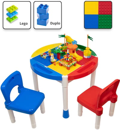 Kindertafel met 2 Stoeltjes - Speeltafel met bouwplaat en vlakke kant - Geschikt voor LegoÂ® & DuploÂ® Bouwstenen