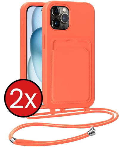 Hoesje Geschikt voor iPhone 14 Pro Hoesje Met Telefoonkoord en Pasjeshouder Siliconen - Hoes Geschikt voor iPhone 14 Pro Hoesje Met Kaarthouder Case - Papaya - 2 PACK