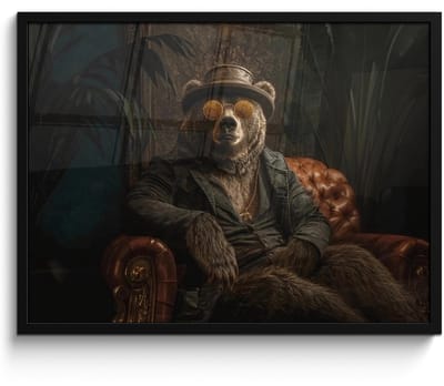 Poster in lijst - Fotolijst 70x50 cm - Posters - Beer - Bruin - Pak - Hoed - Posterlijst zwart - Decoratie - Wanddecoratie woonkamer - Muurdecoratie slaapkamer