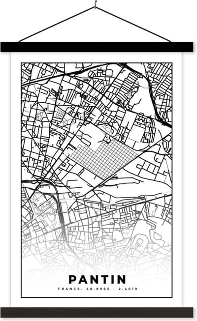 Posterhanger incl. Poster 40x60 cm - Schoolplaat - Stadskaart - Plattegrond - Pantin - Kaart - Frankrijk - Zwart wit - Textielposter - Zwarte latten - Stadskaart