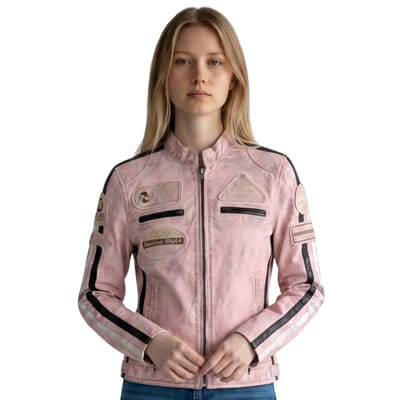 Dames Biker Racing Badges Roze Leren Jas-Incheon