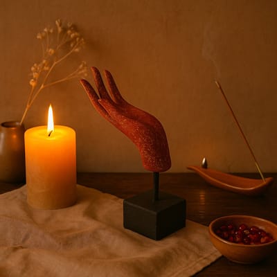 Hand of Boeddha rood/goud - boeddhabeeld - Abhaya Mudra - Handmade - Spititualiteit - Decoratief - H28 cm