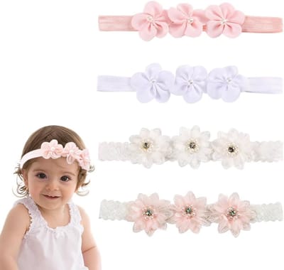Schattige 4-delige Baby Haarbanden met Bloemen, Kralen en Lint - Perfecte Accessoires voor Meisjes, Fotografie en Cadeaus (2 Kleuren)