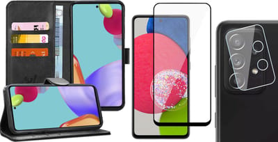 Hoesje geschikt voor Samsung Galaxy A52s - Book Case Kunstleer Wallet - Zwart - Met Full Screenprotector en Camera Screen Protector