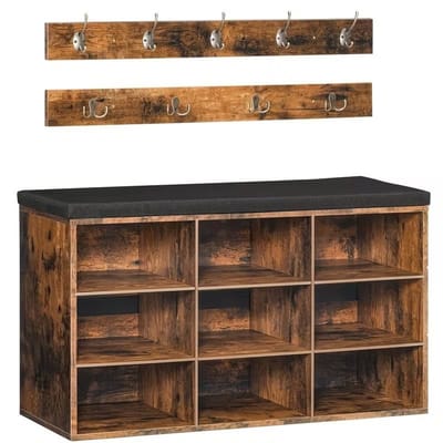 Kledingkast Schoenrek Set, Schoenbank met 9 Schoenenvakken en Gewatteerde Bank, Wandkledingrek met 9 Haken, voor Hal, Entree en Slaapkamer-Bruin en zwart.