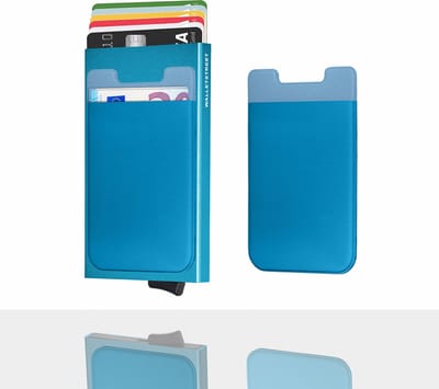Walletstreet Uitschuifbare Pasjeshouder Slim-Fit Plus Collection Aluminium Creditcardholder/Card Protector Anti-Skim/ RFID 7 Pasjes Met Plakwallet – Voor Mannen & Vrouwen -Kerstcadeau Ideale Geschenk- Blauw/ Blue