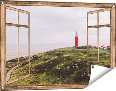 Gards Tuinposter Doorkijk Vuurtoren Texel - 90x60 cm - Tuindoek - Tuindecoratie - Wanddecoratie buiten - Tuinschilderij