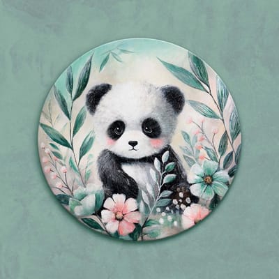 Rond canvas schilderij ⌀60 cm handgeschilderd bospanda dier vrolijk – YS-Art Gallery – Charmante wanddecoratie voor woonkamer en kinderkamer