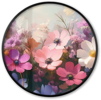 Poster in lijst Rond - Fotolijst 60x60 cm - Posters - Bloemen - Kleurrijk - Bloei - Ronde posterlijst zwart - Decoratie - Wanddecoratie woonkamer - Muurdecoratie slaapkamer
