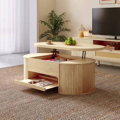 MODENUIT Salontafel - Verstelbaar Tafelblad Met Opbergruimte - Voor Woonkamer - MDF Naturel - 110x55,5x40 Cm