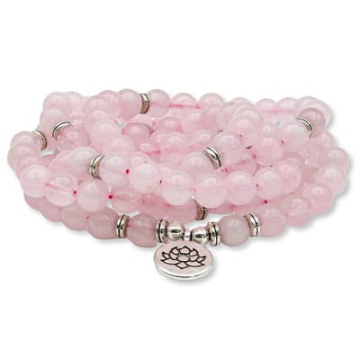 Marama - Mala Ketting Roze Rozenkwarts-Lotus - edelsteen - wikkelarmband - mala - roze - elastisch - met ronde lotus hanger - damesarmband