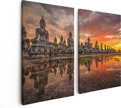 Artaza Canvas Schilderij Tweeluik Boeddha Beelden Tijdens Zonsondergang - 80x60 - Foto Op Canvas - Canvas Print