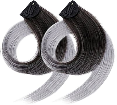 2 x Clip-in Hairextension STIJL 60cm - OMBRE ZWART naar GRIJS - #O80 - nephaar - Hair extension | haar extensie - kleurverloop extensions - gekleurde clip-in extensions - grijs nep haar