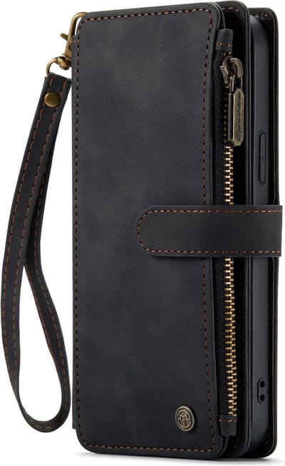 Casemania Hoesje Geschikt voor Apple iPhone 14 Pro - Charcoal Gray - Luxe Portemonnee Book Case met Rits