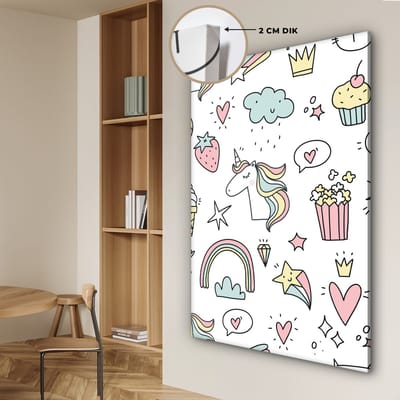 Canvas schilderij kinderen - Muurdecoratie kinderkamer - Eenhoorn - Meisjes - Regenboog - Roze - Design - Wanddecoratie meisjes - Canvas schilderij kinderen - 90x140 cm