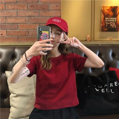 Nieuwe Zomerkleding van Katoen, Nieuw Dames Kort-slank Kortmouwig T-shirt voor Dames met Slim Fit en Veelzijdig Effen Kleur Top XL rood