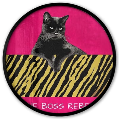 Poster in lijst Rond - Fotolijst 40x40 cm - Posters - Kat - Baas - Roze - Tijgerprint - Ronde posterlijst zwart - Decoratie - Wanddecoratie woonkamer - Muurdecoratie slaapkamer