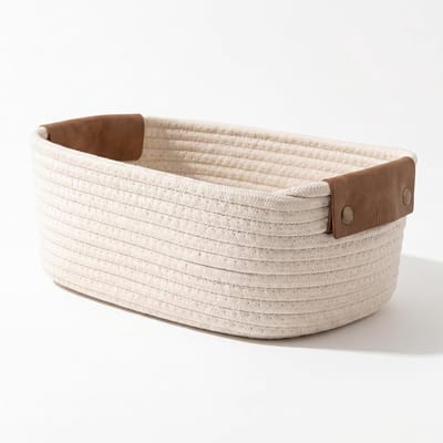 Katoen Gevlochten Beige Klein, Mand 28x17x11cm met Afneembare Leren Handvatten, Wasbaar Mandje voor Badkamer & Commode, XAQAMY