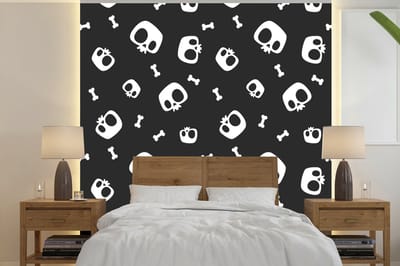 Behang - Fotobehang Patronen - Skull - Skelet - Bot - Jongen - Jongetje - Kinderen - Kids - Breedte 240 cm x hoogte 240 cm