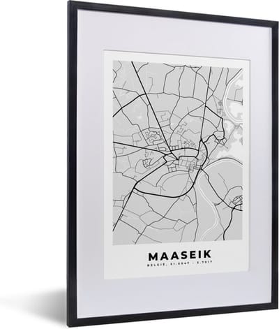 Fotolijst incl. Poster Zwart Wit- België – Maaseik – Stadskaart – Kaart – Zwart Wit – Plattegrond - 30x40 cm - Posterlijst