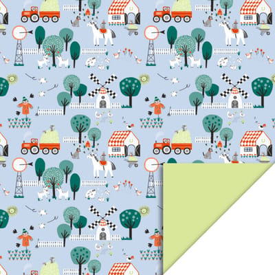 Het Inpakhuis - Cadeaupapier - Inpakpapier - Kadopapier - Farm Blue - Lime - Boerderij - Dieren - 70cm x 3mtr