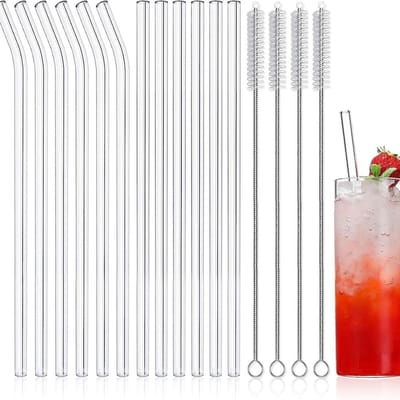 Set van 12 Glazen Rietjes met 4 Reinigingsborstels – Herbruikbare Transparante Drinkrietjes, Duurzaam & Vaatwasserbestendig
