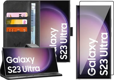 Hoesje geschikt voor Samsung Galaxy S23 Ultra - Screen Protector FlexGuard - Book Case Kunstleer Pasjeshouder Zwart & Screenprotector