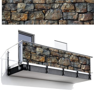 Balkonscherm 300x80 cm - Balkonposter Stenen - Steenoptiek - Grijs - Bruin - Balkon scherm decoratie - Balkonschermen - Balkondoek zonnescherm