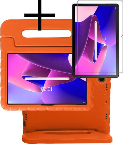 Hoes - Geschikt voor Lenovo Tab M10 Plus (3e / 3rd Generatie) - Met Screenprotector - Kinderhoes Shockproof Bumper - Kidsproof Case - Tablet Hoesje - Kinder Cover - Oranje