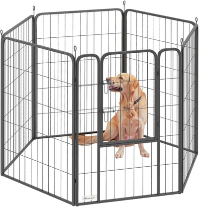 PawHut Welpenlaufstall 6-eckig Welpenauslauf mit 6 Gitterplatten Tür flexibel faltbar Schutzplane Freilaufgehege 100cm hoch Hundelaufstall Welpengitter für Hund Katze Laufgitter für drinnen draußen