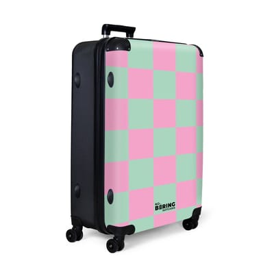 NoBoringSuitcases.com® - Koffer groot - Reiskoffer lichtgewicht - Roze met turquoise schaakbord print - Rolkoffer met 4 wielen - Grote trolley XL - 98 liter bagage