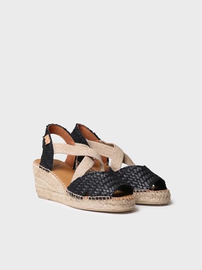 Open espadrille voor dames van gevlochten leer met sleehak | SALINA