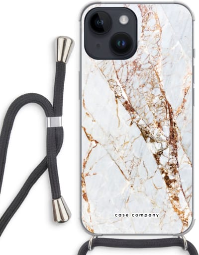 Case Company® - Hoesje met koord geschikt voor iPhone 14 hoesje met Koord - Goud marmer - Telefoonhoesje met Zwart Koord - Bescherming aan alle Kanten en Over de Schermrand