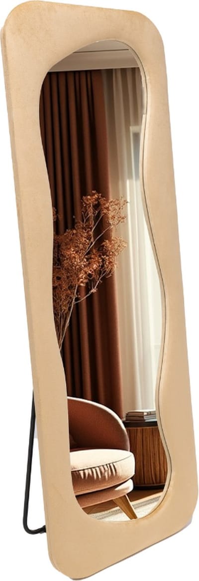 SensaHome Gestoffeerde Staande Spiegel Curvy - Assymetrische Organische Passpiegel Suede Velvet - 60x160 - Taupe