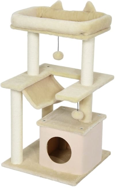 Merax Krabpaal 90 cm – Kattenboom met Speelbal Hangmat Krabstammen en Kattenhuisje – Creme – 48x48 cm